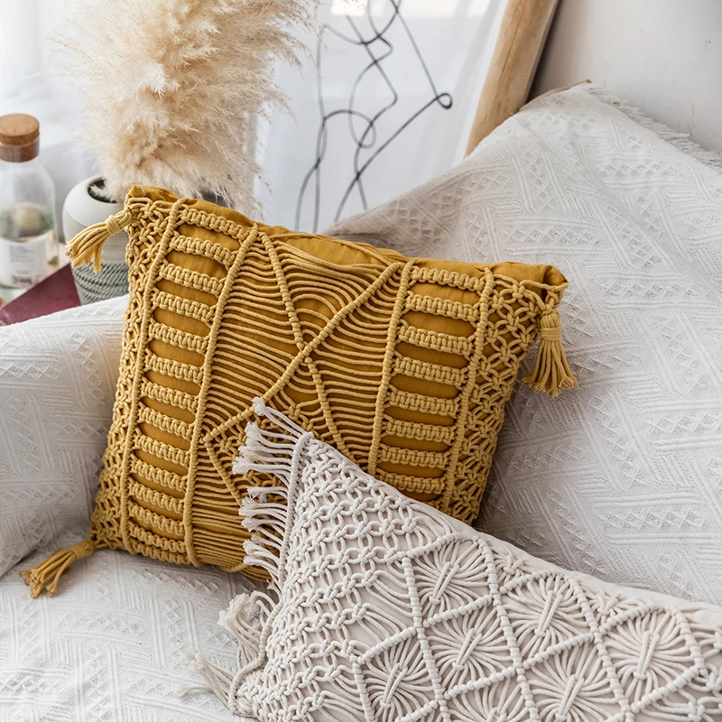 Monad Handmade Crochet High Quality Decor Knit Cotton Luxury Moroccan Style Throw Pillow Case Cushion Covers With Tassel