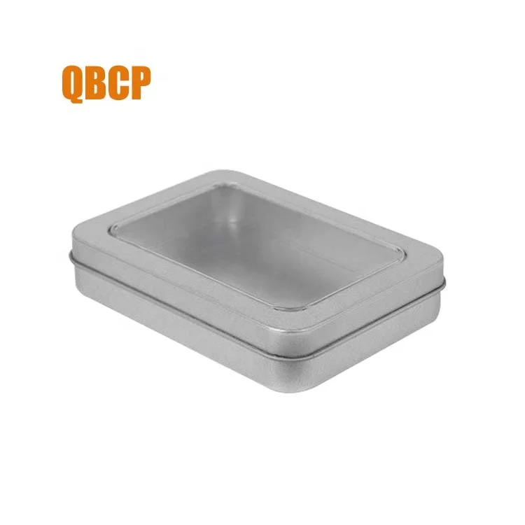 2 pieces rectangular small metal tin box with hinge and window