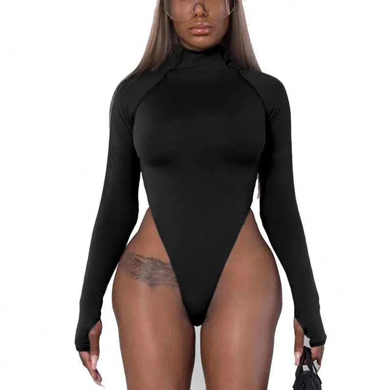 fashion Long Sleeve Turtleneck Bodysuit Women High Leg Neon Bodysuits