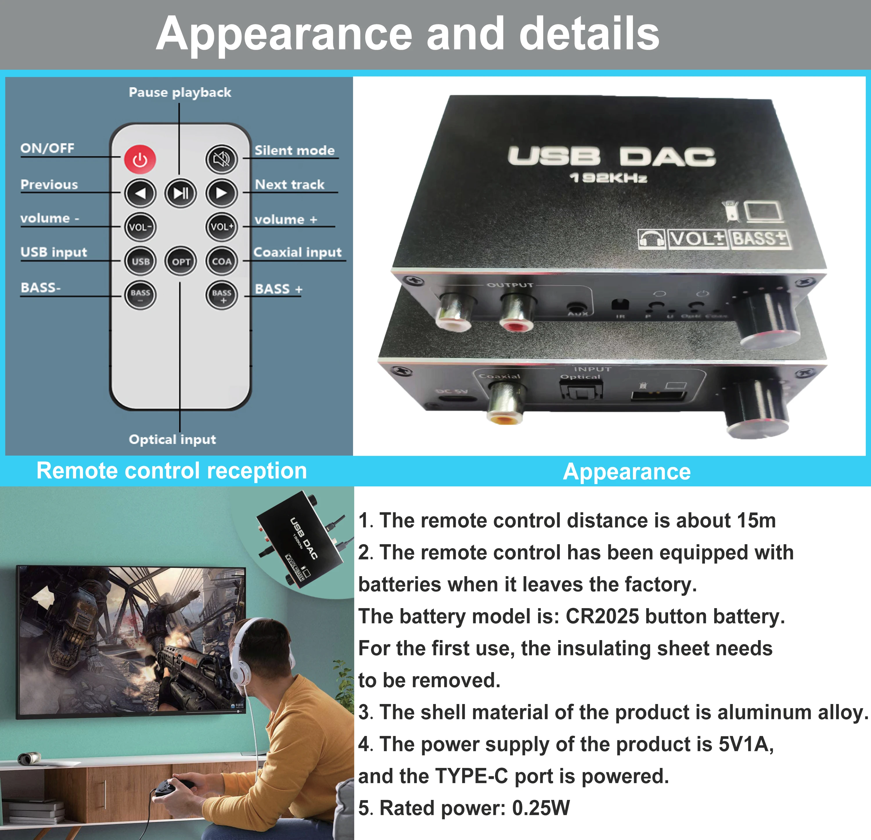 New 192KHZ USB DAC Digital to Analog Audio Converter Adapter Support USB to transmit PC-side player signal