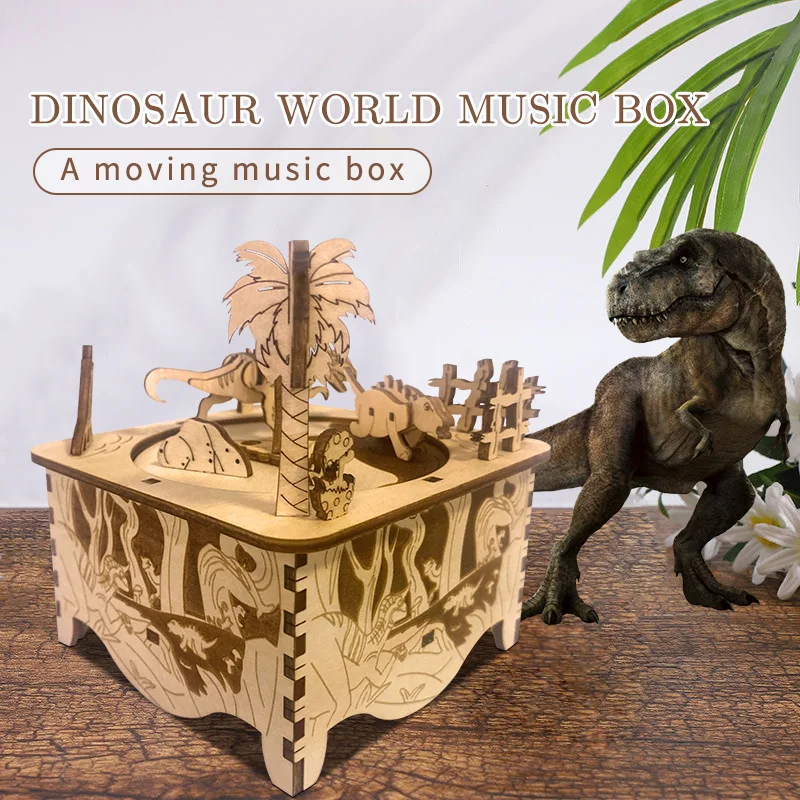 Wholesale Custom Cartoon Dinosaurs World Wooden Music Box 3D Puzzle Jigsaw Wood Dinosaur Toy DIY Creative Crafts Birthday Gifts