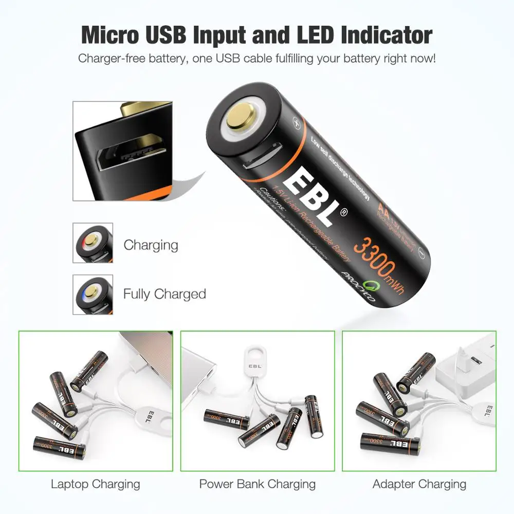  Литиевая аккумуляторная батарея высокой емкости EBL Micro USB AA 3300 мАч быстрая