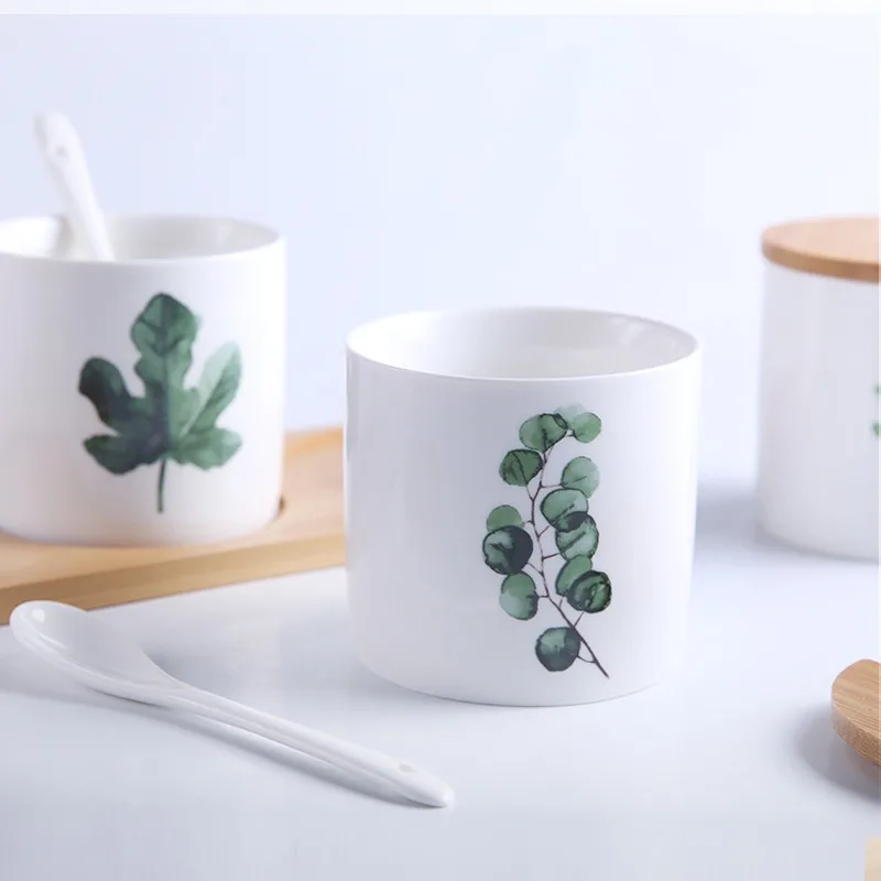 Custom Printing Airtight Ceramic Canister Food Storage Jar Kitchen Canisters with Bamboo Lids