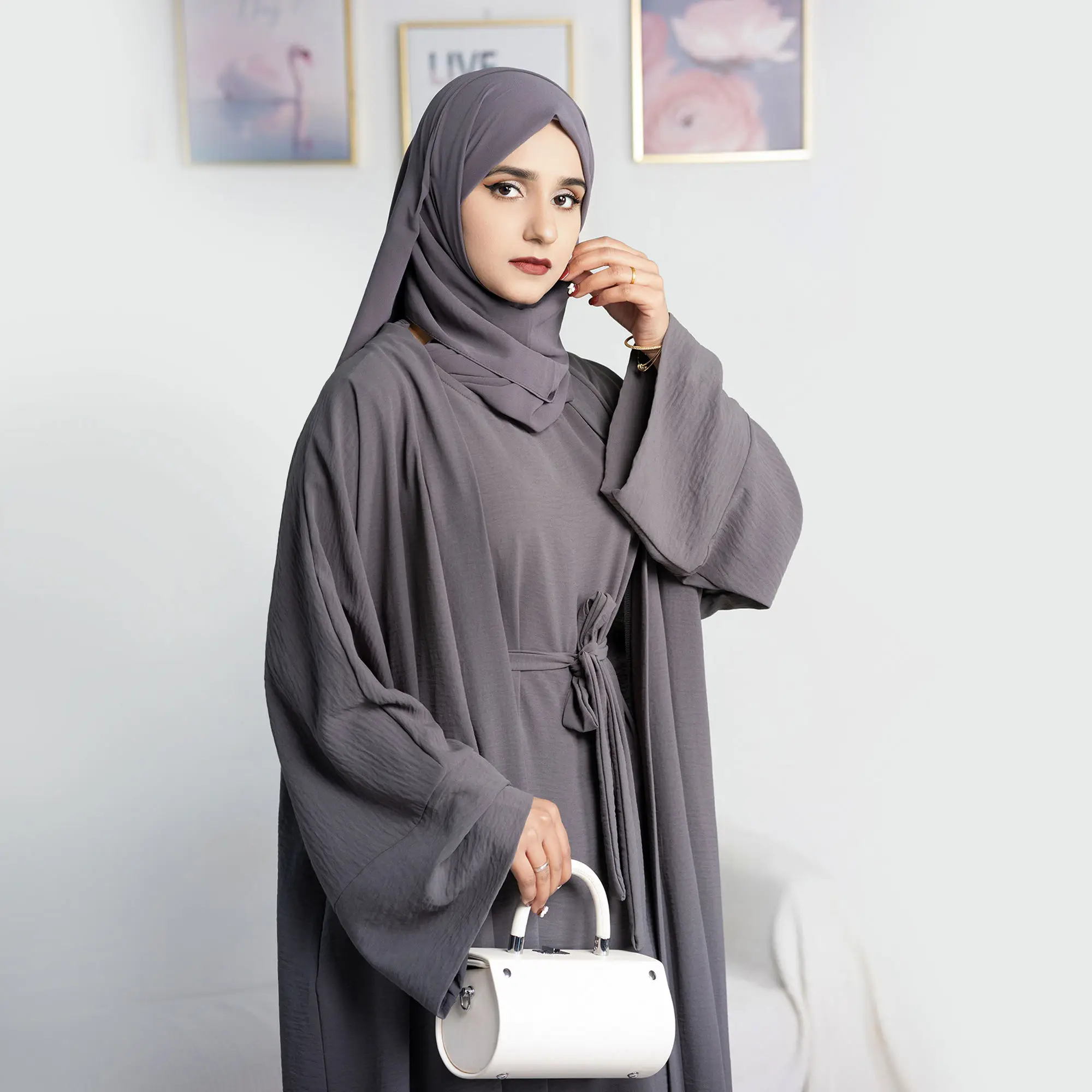 clothing manufacturer Custom Muslim women 2pcs Abaya set Plain Polyester long dress kimono Cardigan Islamic Clothing