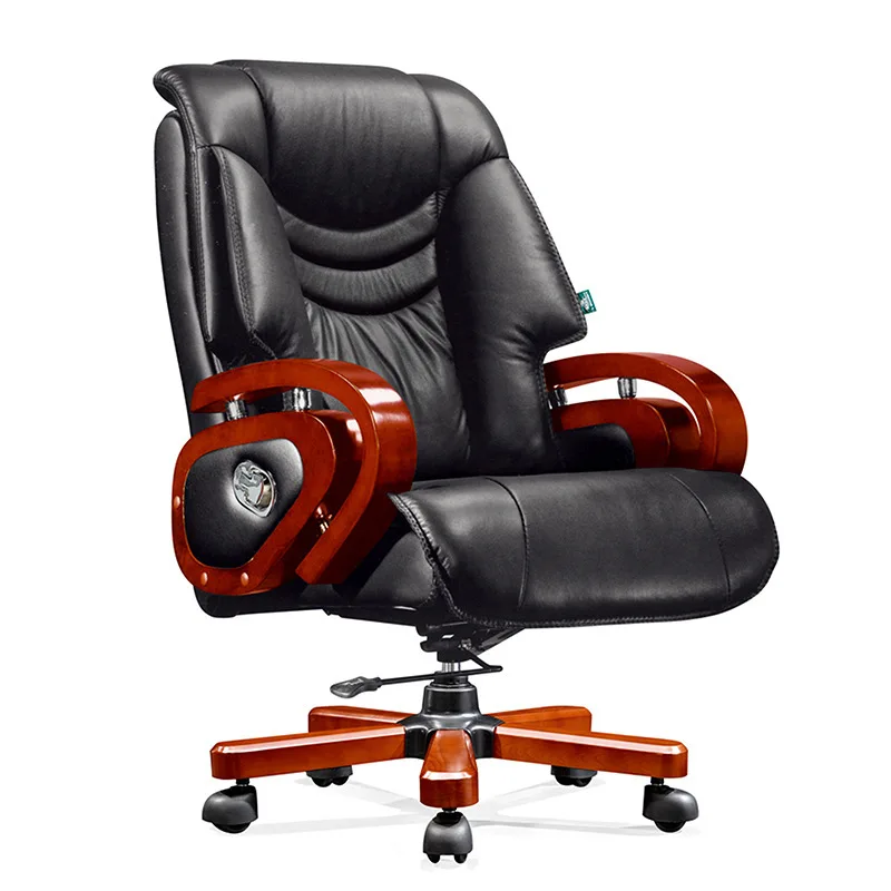 High-Quality Genuine Leather Boss Office Chair with Wood Frame and Legs Ergonomic Design with 3A Explosion-Proof Gas Lift