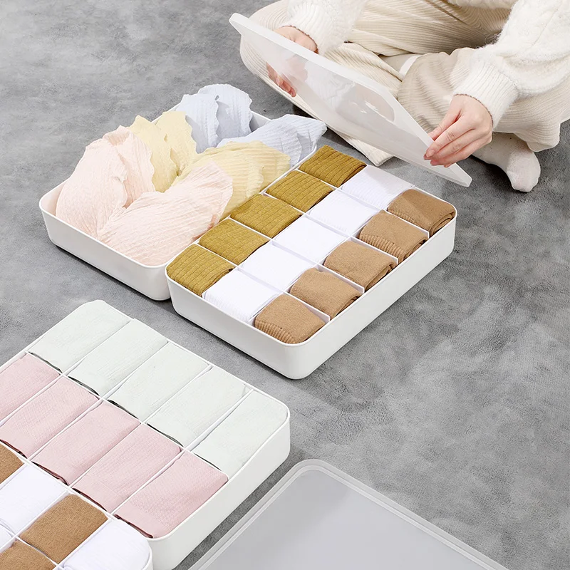 Wardrobe Drawer Thickened Anti-microbial Socks Underwear Bra Panties Clothes Divided Storage Box with Lid Plastic Opp Bag White