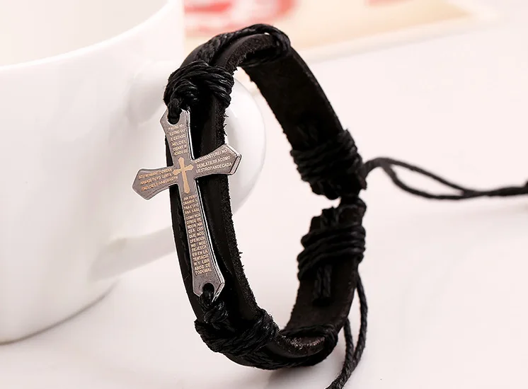 Spanish language Catholic religious cross charms christian woven leather bracelet for men