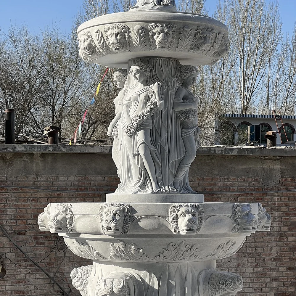 Marble Water Fountain for Sale Grey Outdoor Modern Garden Ornaments Villa 100% Hand Carved Natural Stone Color Customized Size
