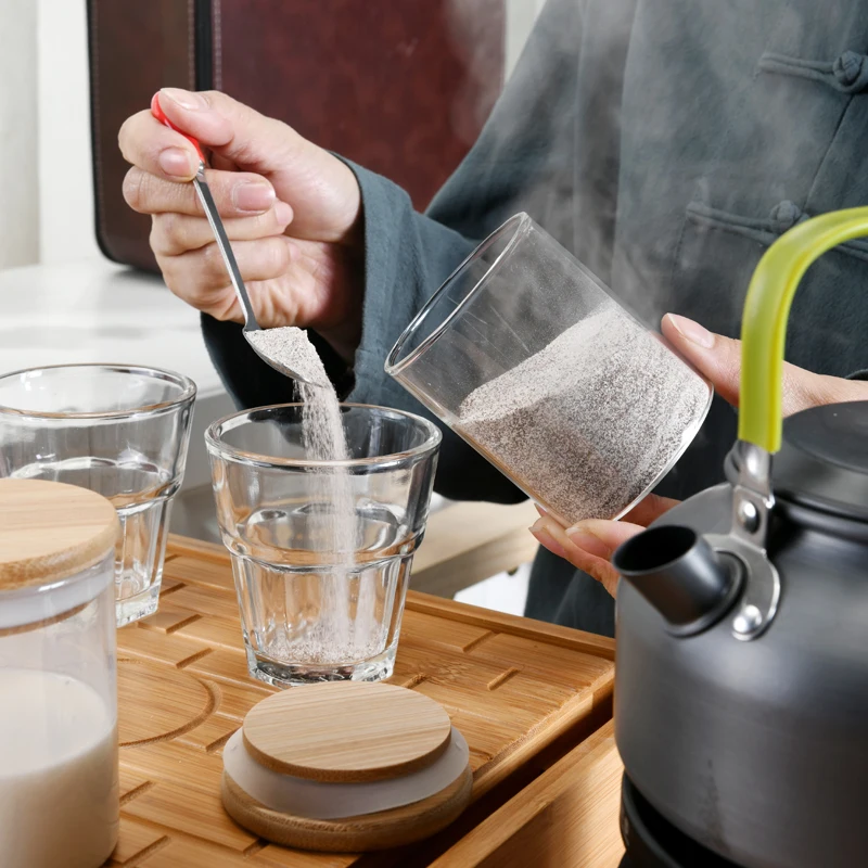 New design hot sale home outdoor camping travel glass coffee cup jar and bamboo melamine tray set with stove