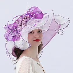 Women Sun Hat Ruffles Brim Organza Church Wedding Dress Party Hat With Detachable Flower