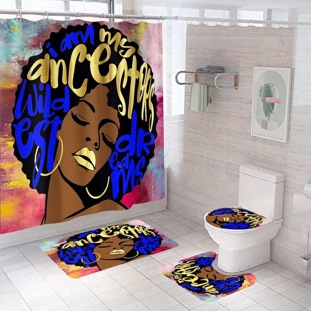 hot sales 3d Makeup Africa Black Girl Shower Curtain set 4pcs Printing Polyester Waterproof