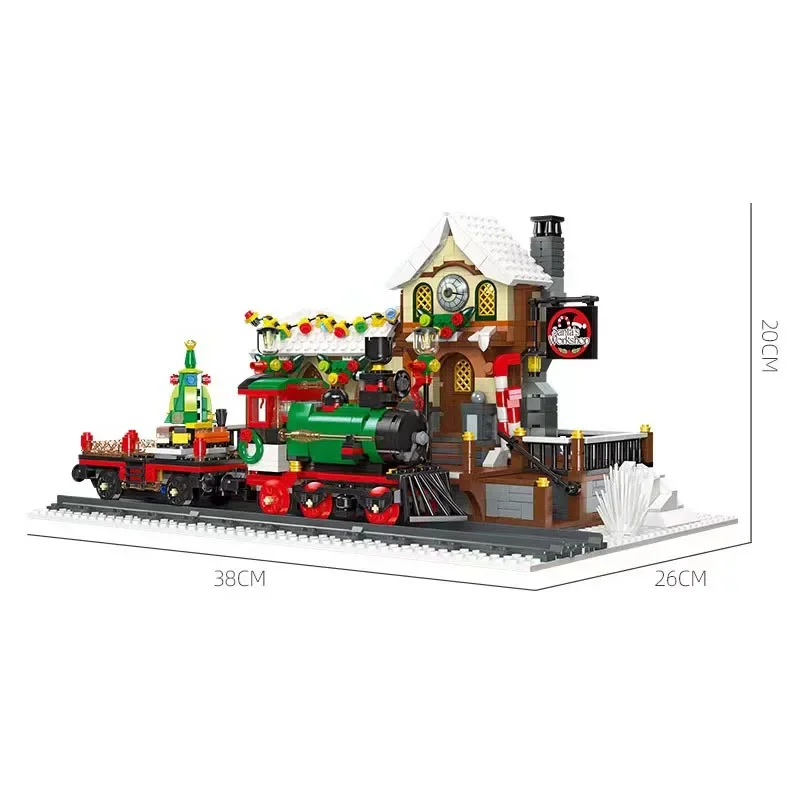 JIESTAR 89142 City Christmas Village Train Station House with Light DIY Assembly Bricks Model Kids Gifts Building Block Sets