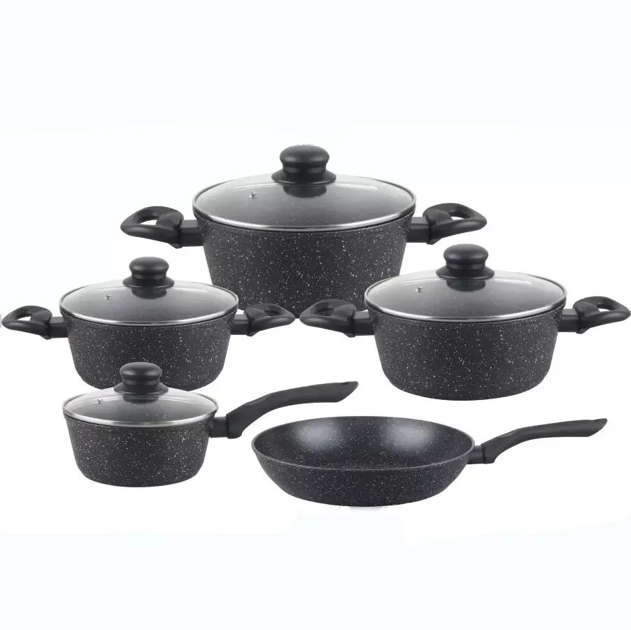 9 piece black forged aluminum non stick pots and pans set granite non stick cookware set