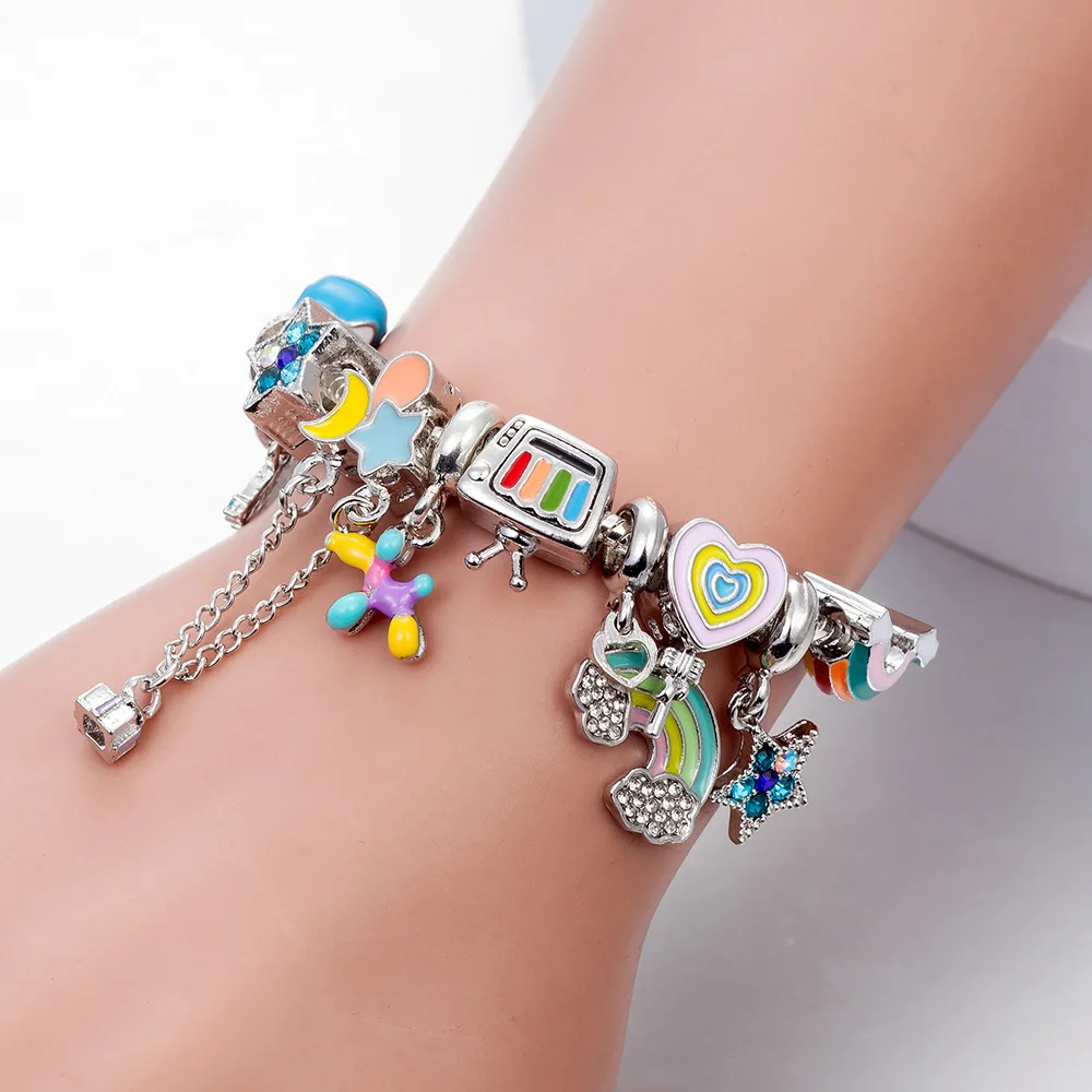 New Colorful DIY Stars Rainbow Balloon Large Hole Beads enamel rhinestones charms  bracelet silver color Wholesale