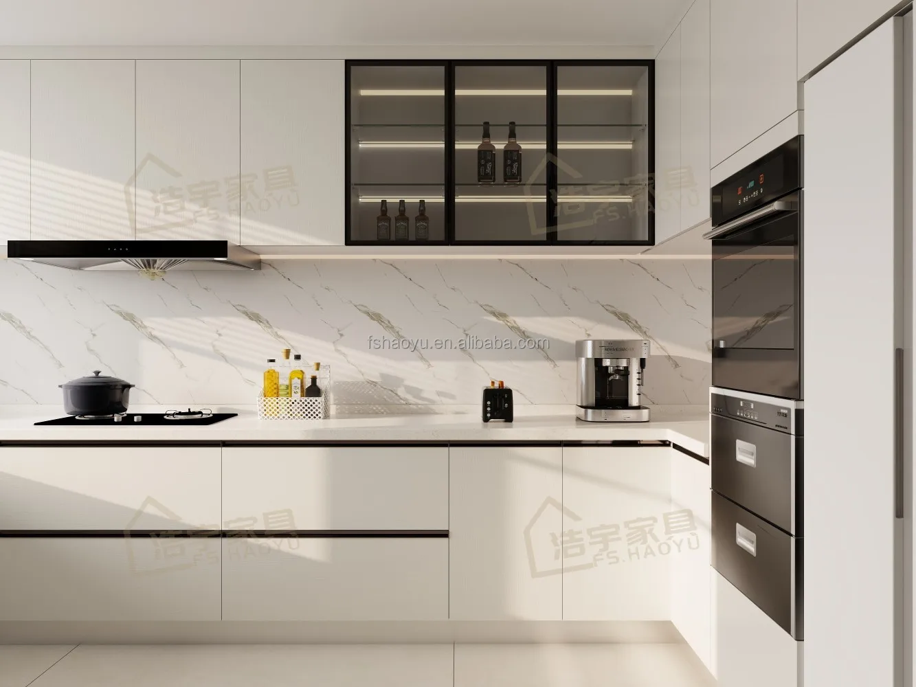 ready made Home Kitchen Cabinet Furniture High Quality Cheap Kitchen Cabinet with  mirror finish colored glass door