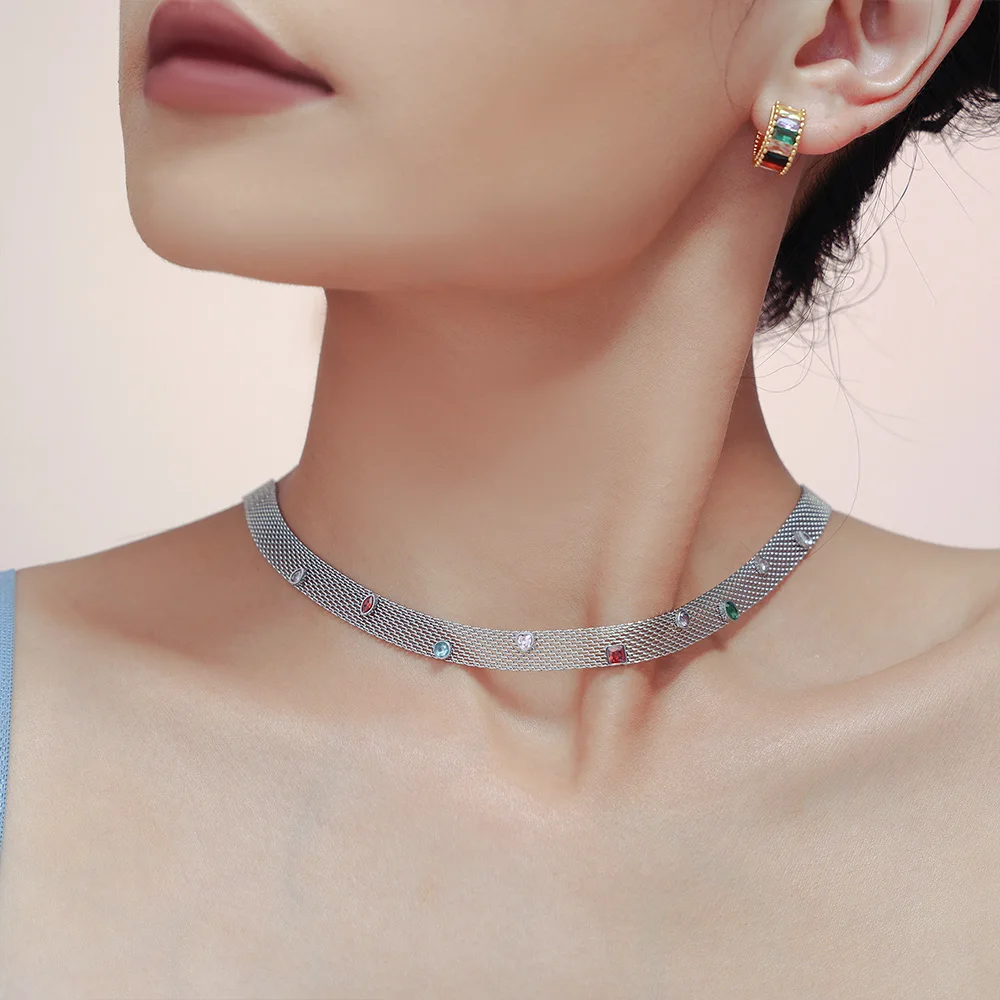 2024 Stainless Steel Jewelry Factory Fine Chain Couple Necklace Bracelet Web Chain Ribbon Geometric Colorful ZirconJewelry Sets