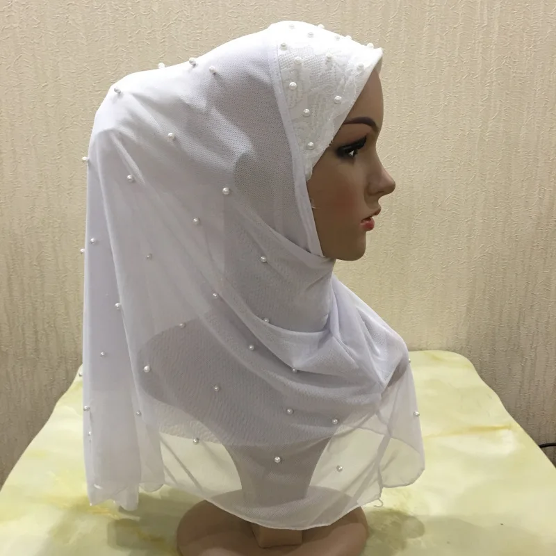 
Hot sale Muslim Women Pearl Lace Instant turkish polyester hijab scarf 