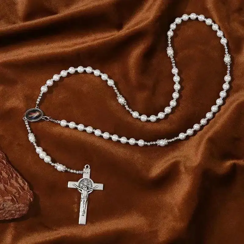 Steel Wire Braid Pearl Central Rosary Sacred Heart Virgin Mary Heart Icons Center Ceremony Jewelry Baptism Rosary