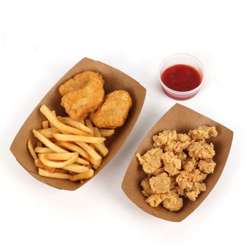 Custom Stackable Kraft Virgin Pulp Square Food Paper Tray Recycled Disposable Take Away Fast Food Snack Corn Dog Boat Tray