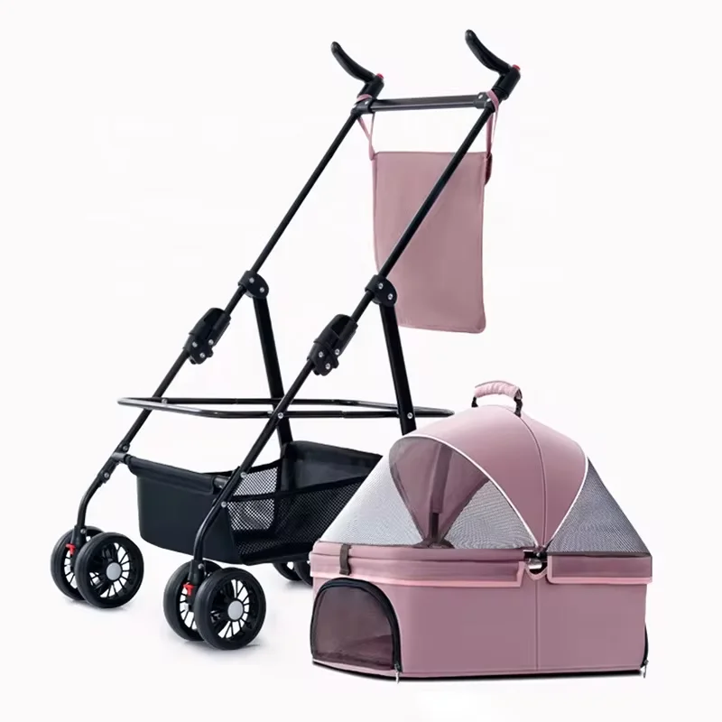 Foldable Pet Stroller City Walk 4 Wheels Baby Strollers Pet Carriers Stroller For Dogs And Cats With Storage Basket