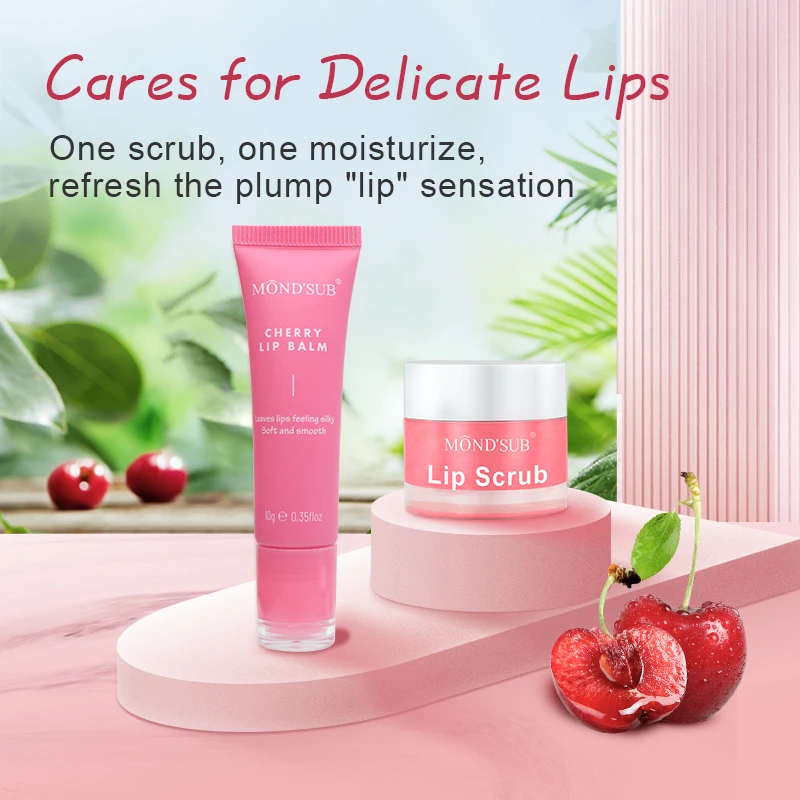 Custom Organic Fruit Cherry Vegan Exfoliating Pink Lip Scrub And Balm Set Moisturizing Lip Balm Mask Lip Care Kit