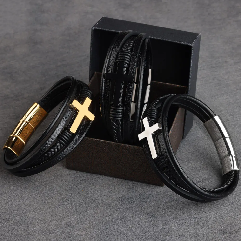 Stainless Steel Gold Plated Cross Bracelet Genuine Leather Removable Clasps Men Gift Bangle