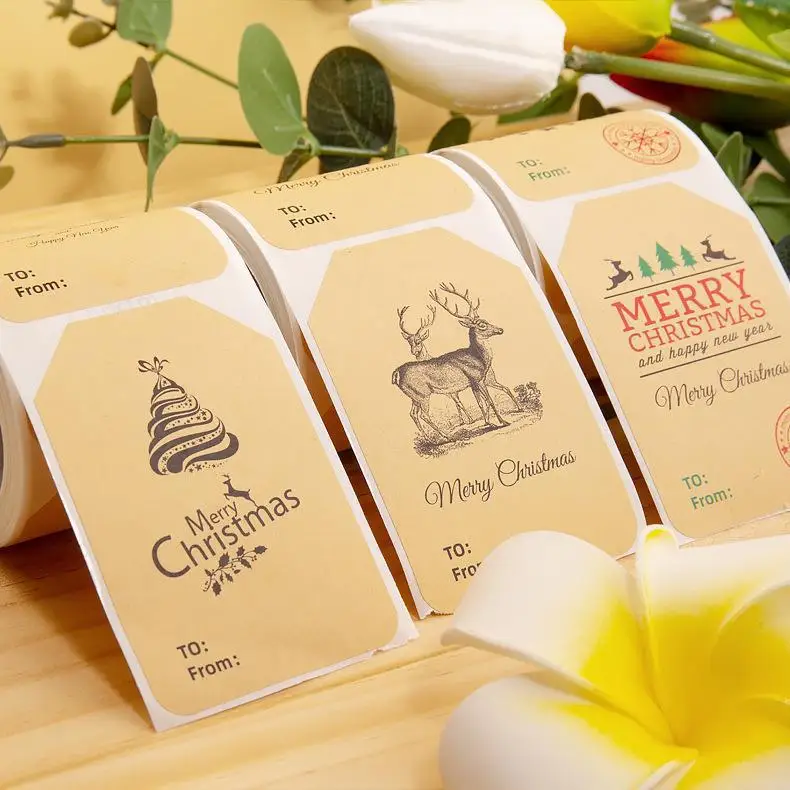 Wholesale Eco-friendly Waterproof Stickers Kraft Paper Christmas Gift Box Self-adhesive Label Decorative Stickers