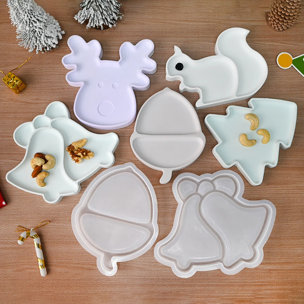 DM1023 DIY Christmas Tree Plate Resin Molds Elk Jingling Bell Fruit Tray Plaster Storage Plate Mold Silicone For Home Decoration