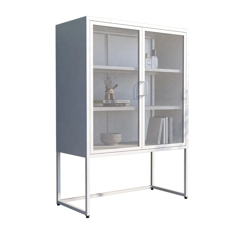 Modern Design Metal Bedroom Cabinet Mesh Door Steel Iron Glass School Workshop Gym Good Ventilation Office Furniture Panel Wood