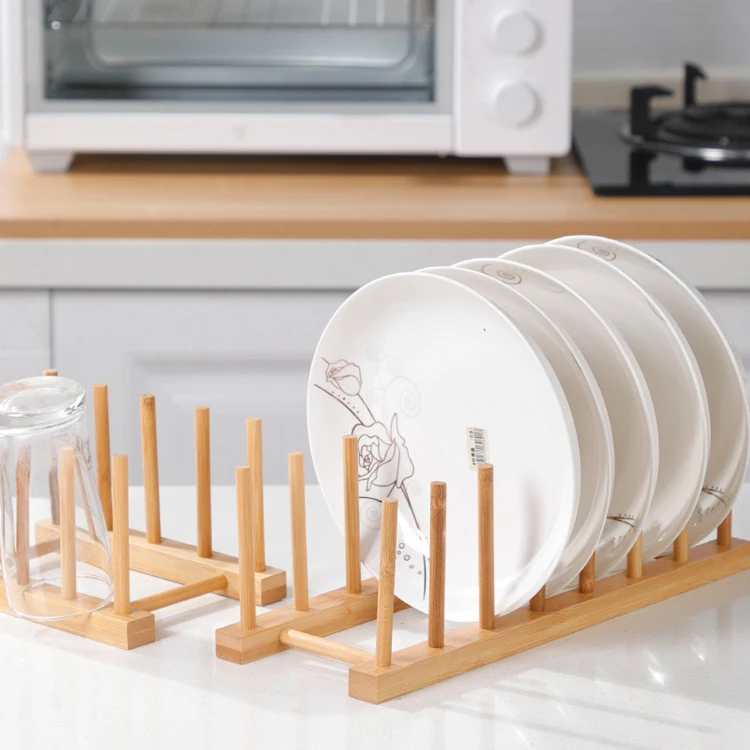 SANIPRO Supermarket Durable Bamboo FreeStanding Cup Drying Holder Dish Drainer Wooden Kitchen Utensil Plate Storage Racks