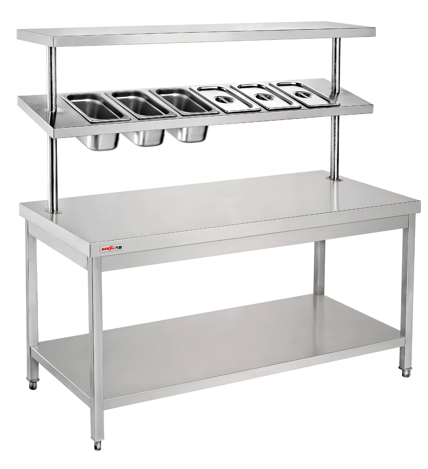 Регулируемый по высоте Рабочий стол из нержавеющей стали завод/коммерческий кухонный 2 уровня с верхней полкой сковородки GN