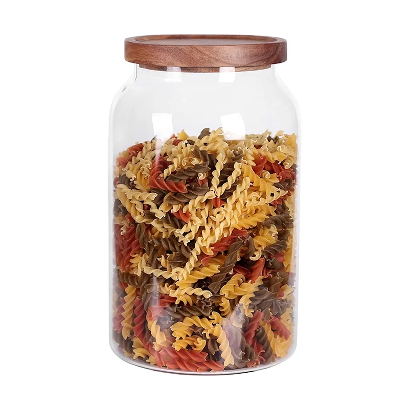 Transparent Airtight Glass Food Storage Jars With Acacia Wooden Lid Cylinder Sealed Air Tight Kitchen Borosilicate Glass Jar