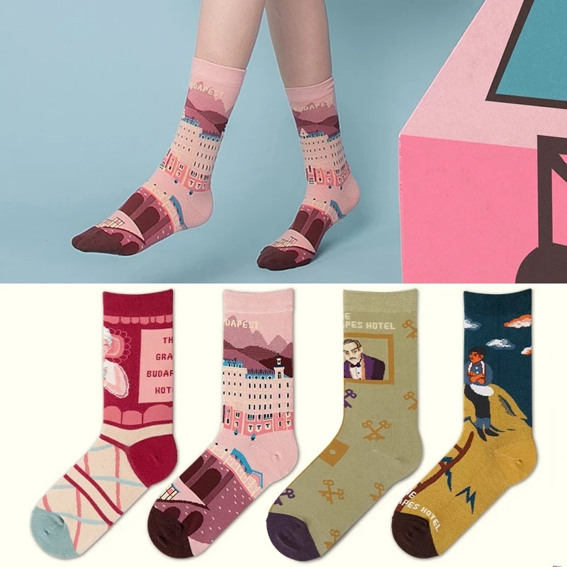 2024 Grand Budapest Hotel Series Ins Original Trendy Socks In Stock Tube Cotton Socks Jacquard Socks