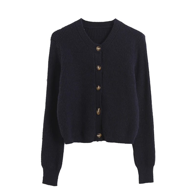 Basic Style Navy Color V Neck Long Sleeve Single Breasted Casual Fall Sweater For Women