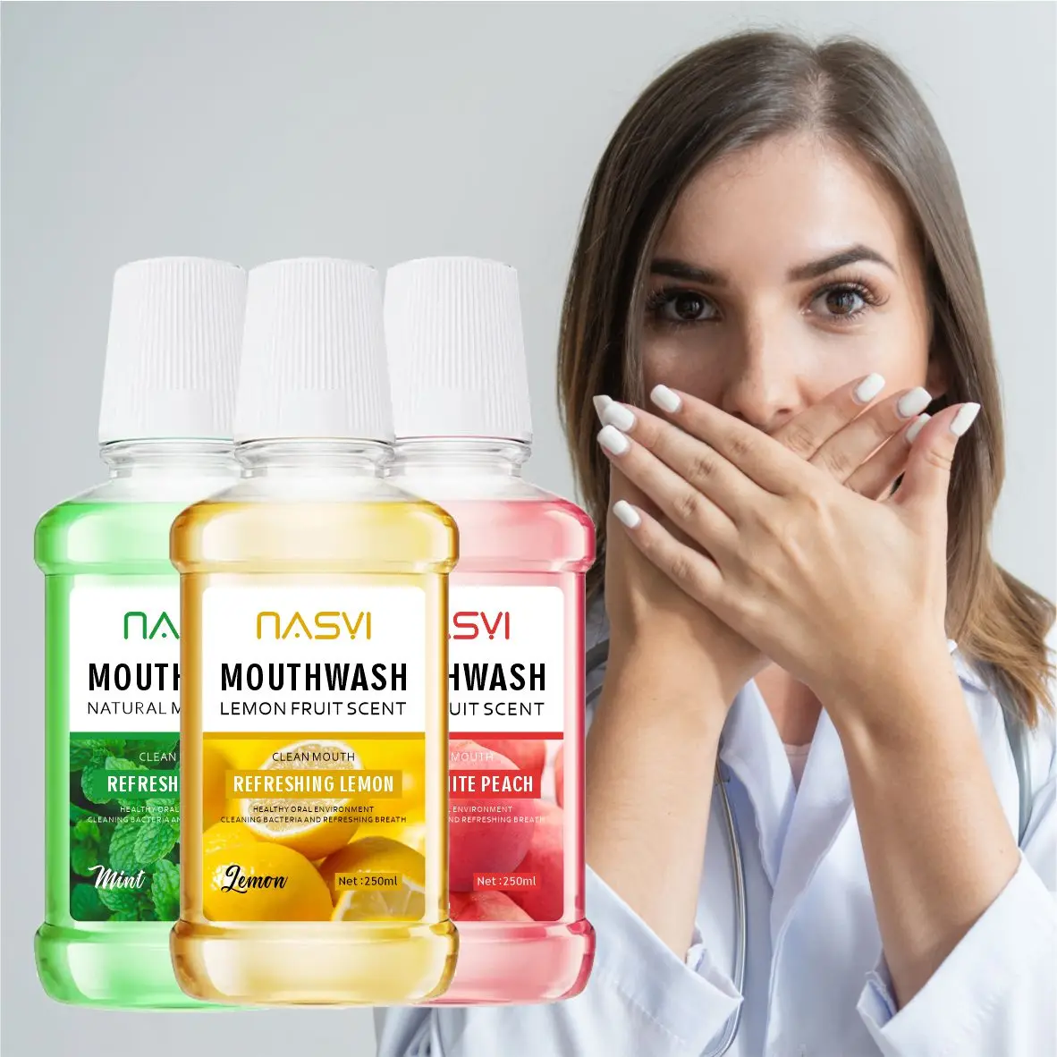 NASYI 250ml mint mouthwash manufacturers wholesale large bottles of peach flavor men and women fresh breath mouthwash