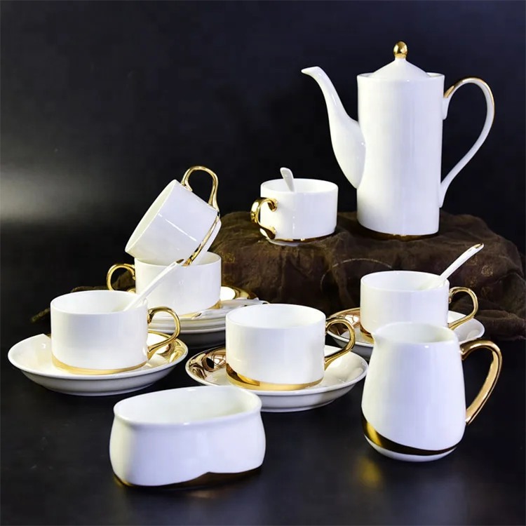 Factory Price 15 Pieces Coffee And Tea Set With Gold Tea Pot Sugar Bowl Milk Jug Cup And Saucer For Dubai