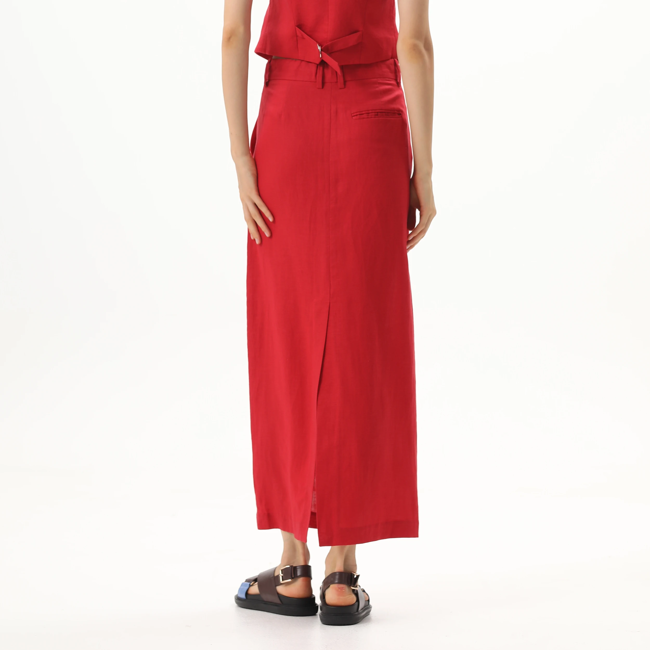 SMO Red Skirt Women Spring Summer Causal Maxi Soft Straight Skirts Linen Skirt Red Long With Zipper Pocket