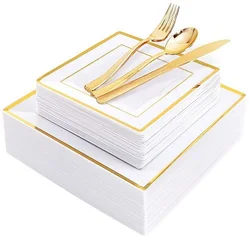 100pcs Gold Rim Premium Disposable Plastic  Square Plate