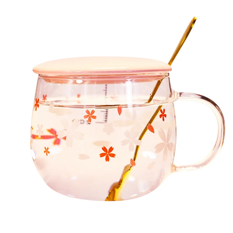  Sakura with a single layer of tea lid cute transparent heat-resistant milk graduated glass
