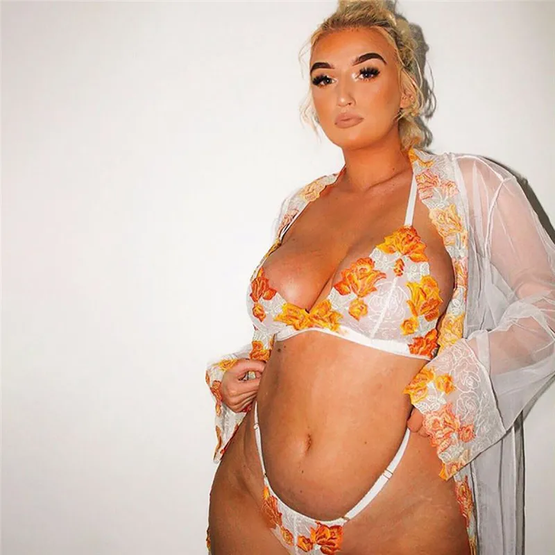 Best Seller Sheer Layer Bud silk women sexy Lingerie Print 3xl plus size pajamas set with lace