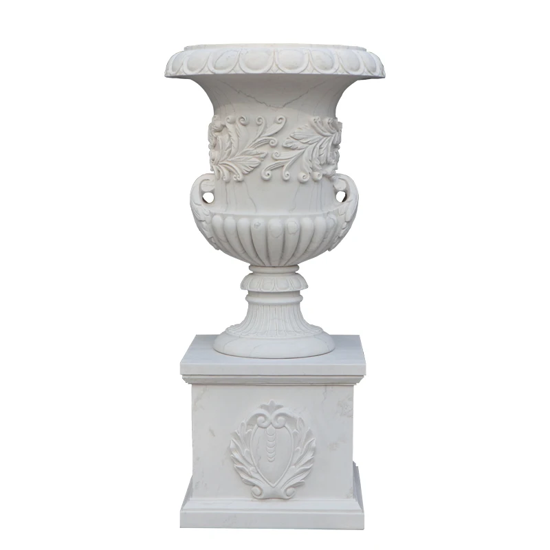 New Customization Garden decoration natural Unique design white Hand carved marble urns