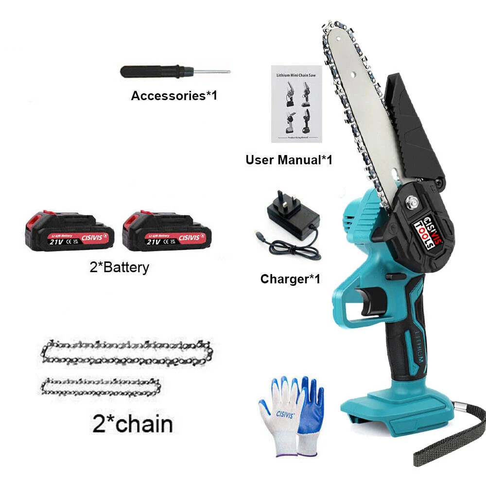 21v Mini Cordless Chainsaw Electric One-Hand Power Chain Saw Wood Cutter with 2 Batteries 4/6'