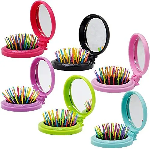 Folding Travel Hair Brush Cute Mini Round Hair Comb Pocket Hairbrushes with Makeup Mirror Compact Massage Comb for Girls