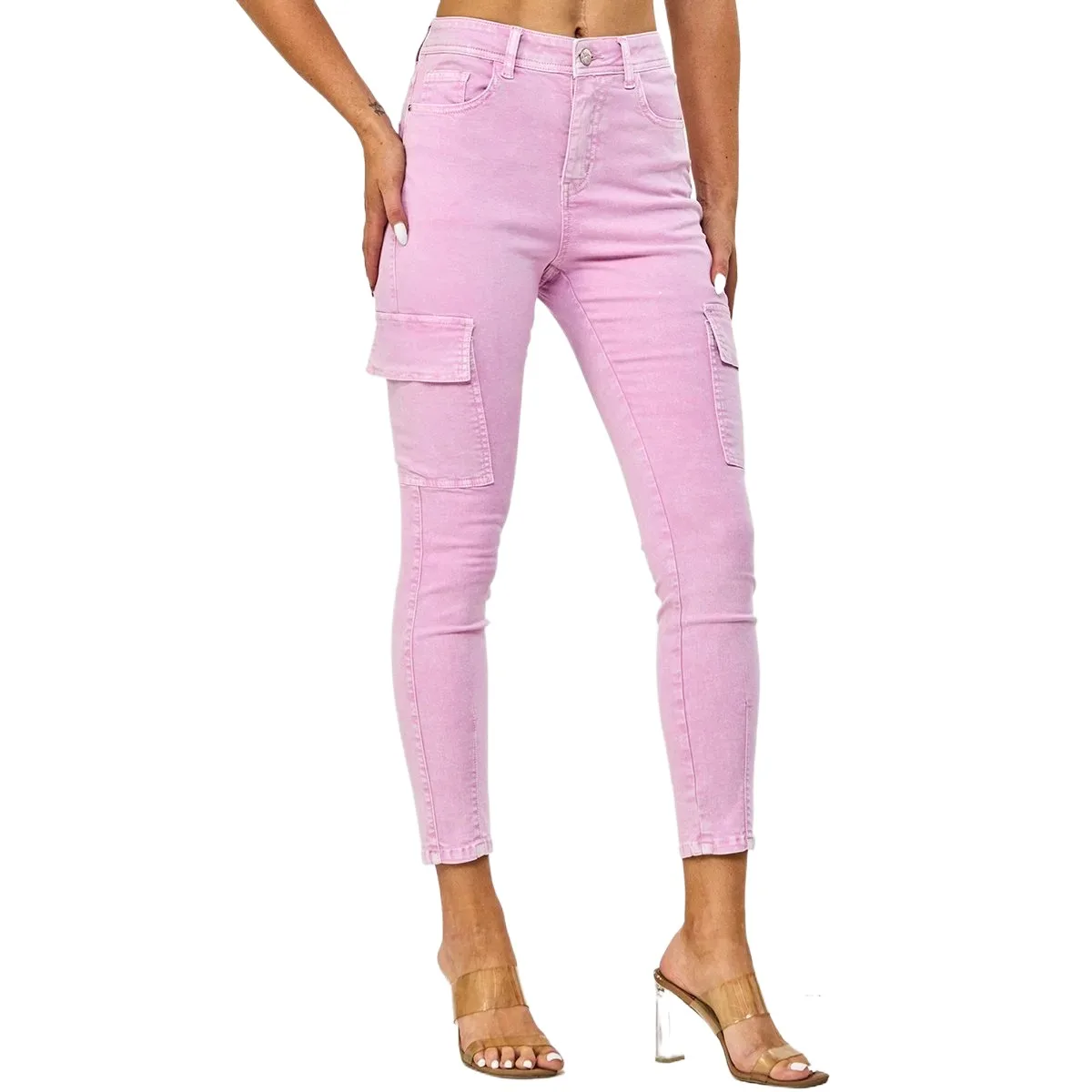 Wholesale Women Denim Fabric Slim Cargo Pants High Quality Ladies High Waist Design Pink Skinny Jeans