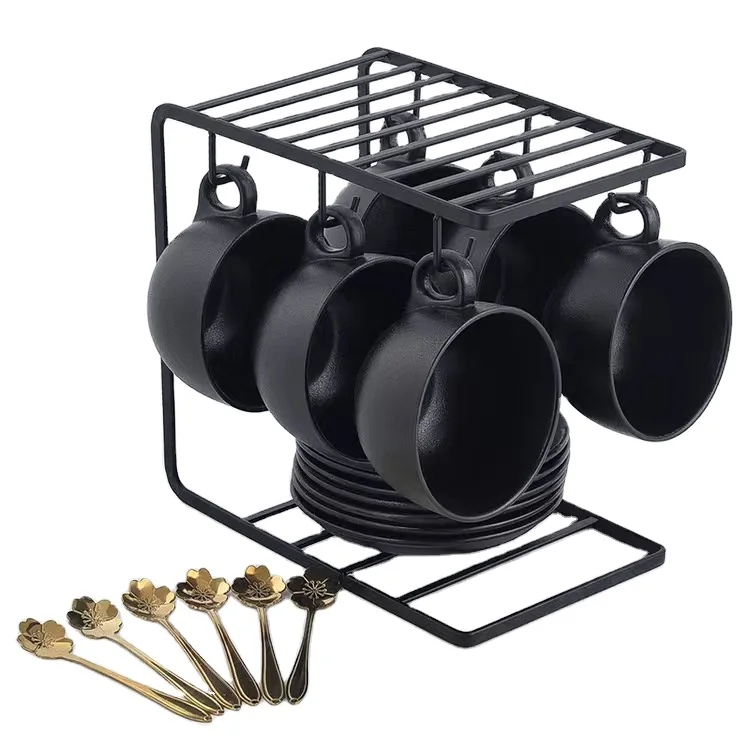 Подарочный набор из 6 штук глазури Европейского цвета 300 мл керамические черные фарфоровые чашки для капучино кофе чая и блюдца