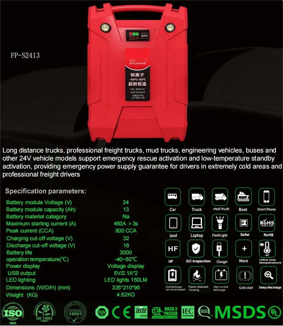 Factory Sale 2024 13000mah 24v Multi-Function Portable Car Jump Start Battery for Truck and Motorcycle Emergency Starting