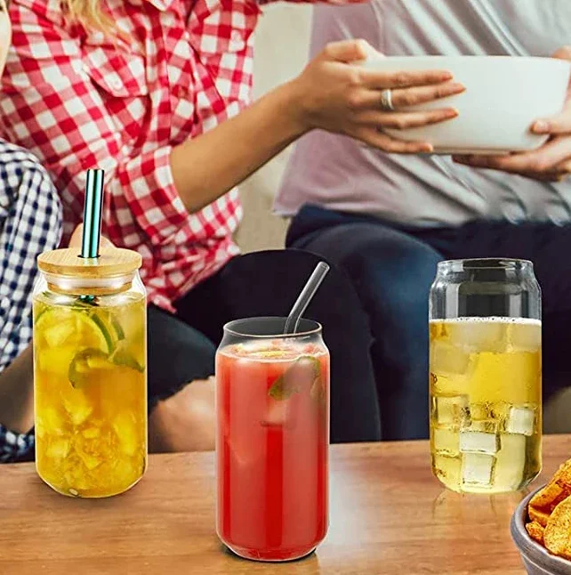 10OZ Drinking Glass Can Shaped Glass Cups with Bamboo Lids and Glass Straws for Juice Beverage Milk