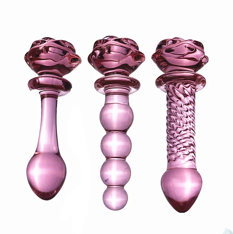 Popular Glass Dildo Anal Plug Crystal Dildo Penis Rose Shaped Glass Butt Plug Pink-Glass Anus Butt Sex Toys for male female