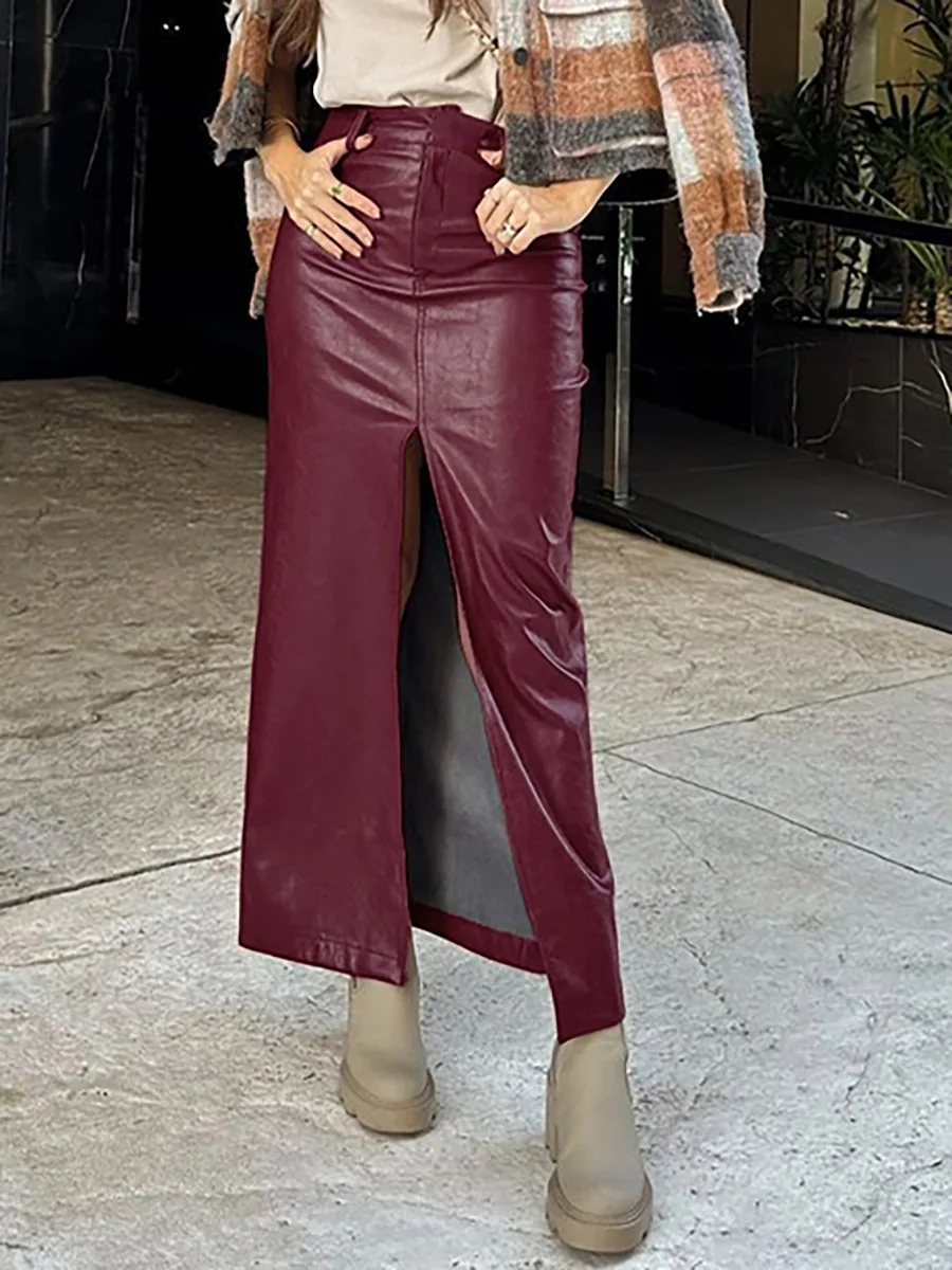 Autumn New Sexy Hight Split Ladies Vintage Long Pencil Skirt PU Leather Maxi Straight Skirts Custom Logo
