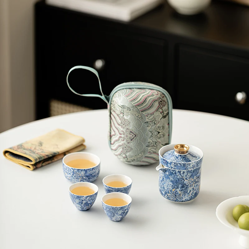 Retro Ceramic Thangka Travel Tea Set Portable Quick Cup Filter with Pot and Four Cups for Car Outdoors